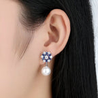 BAMOER Blue Crystal & Pearl Dangle Earrings