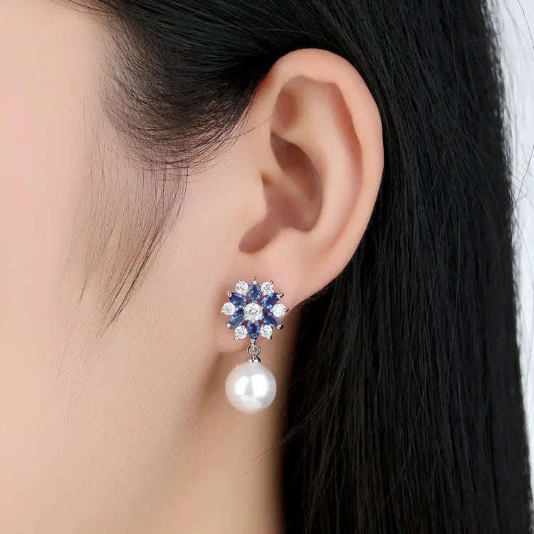BAMOER Blue Crystal & Pearl Dangle Earrings