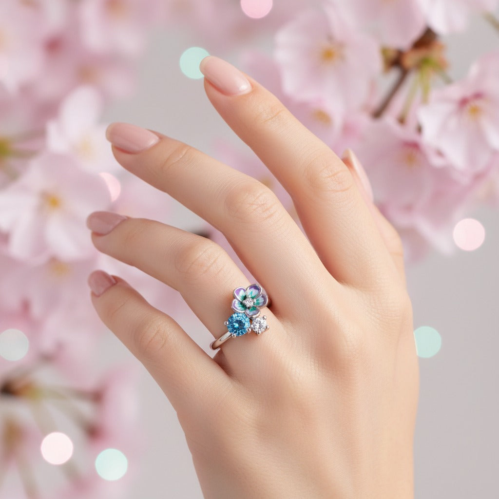 925 Sterling Silver Enamel Colorful Flower Finger Rings