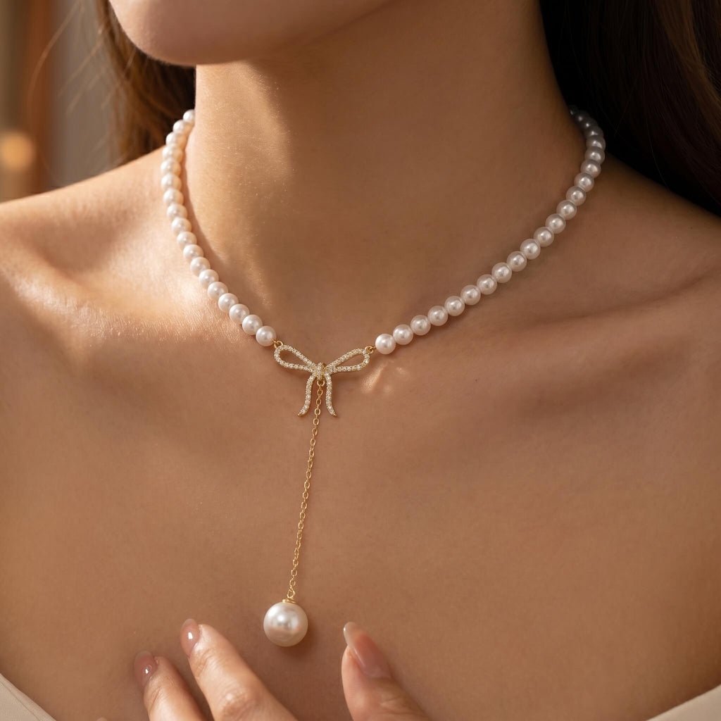 Pearl Bow Drop Necklace