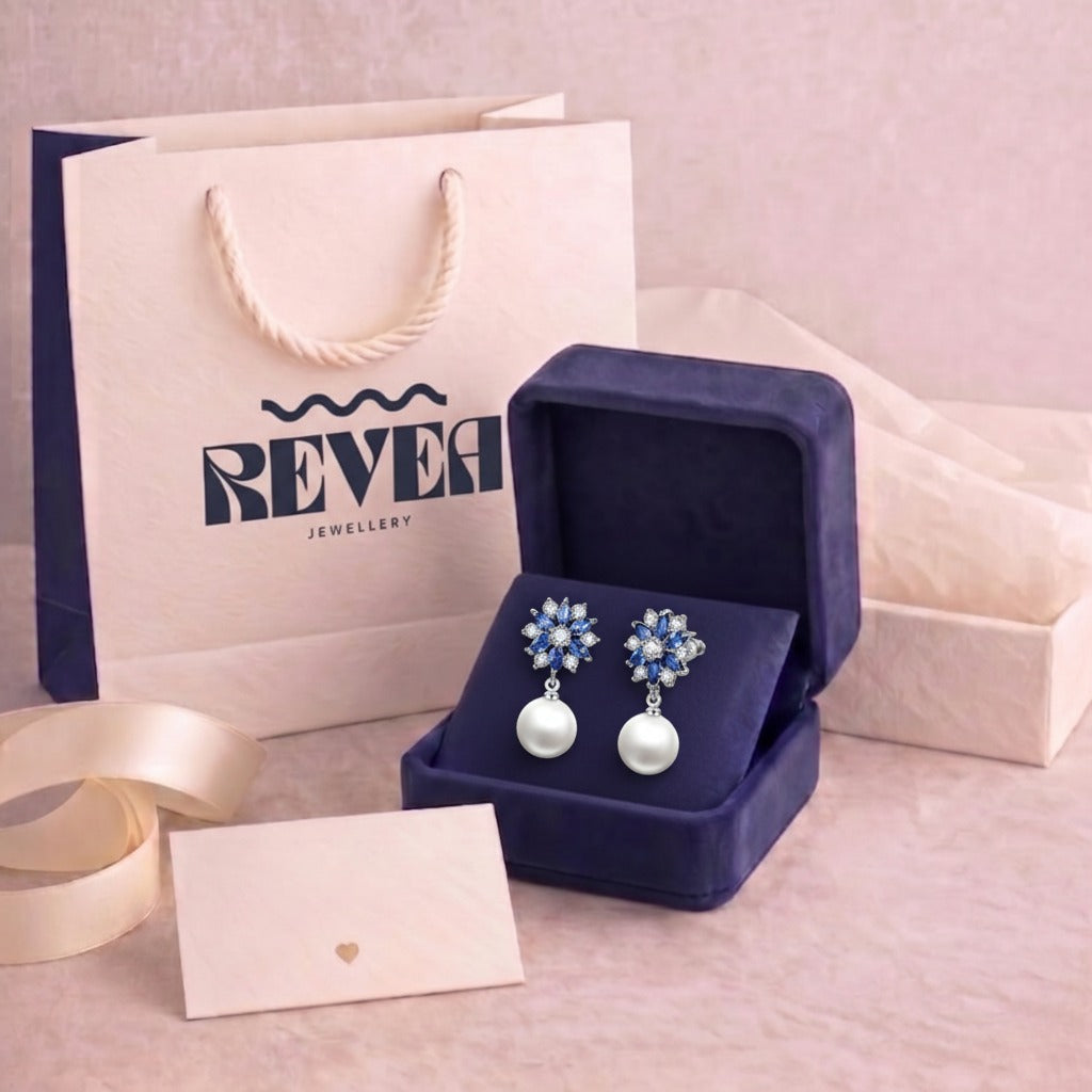 BAMOER Blue Crystal & Pearl Dangle Earrings